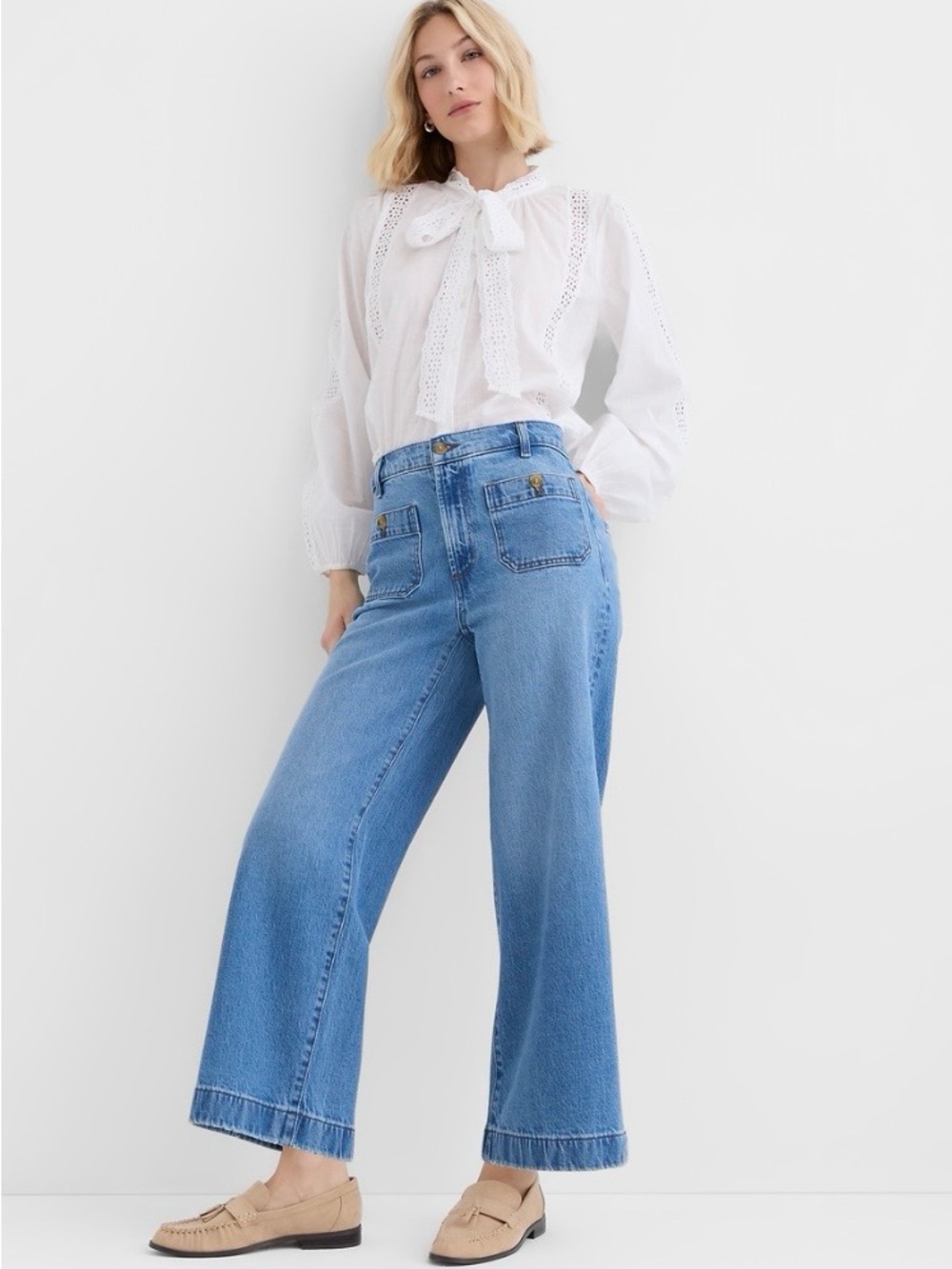 Ann Taylor Weekend High Rise Crop Light  Blue Patch Pocket Wide Leg Jean